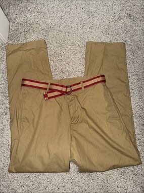Haggar Tan Chinos with Red-Striped Web Belt